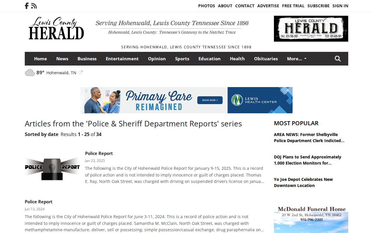 Lewis County Hohenwald police and sheriff arrest report source