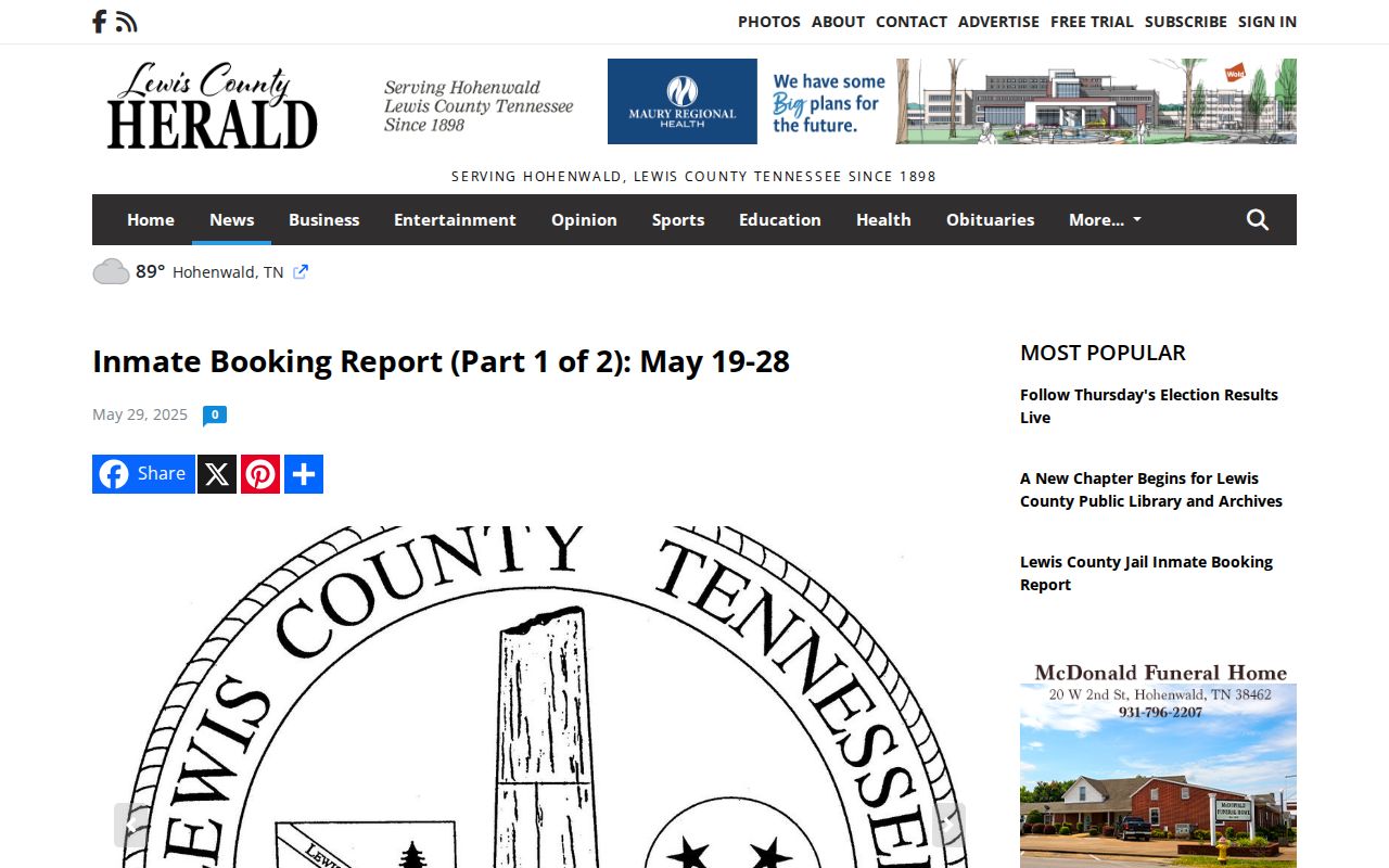 Lewis County booking-record news source page for jail report research